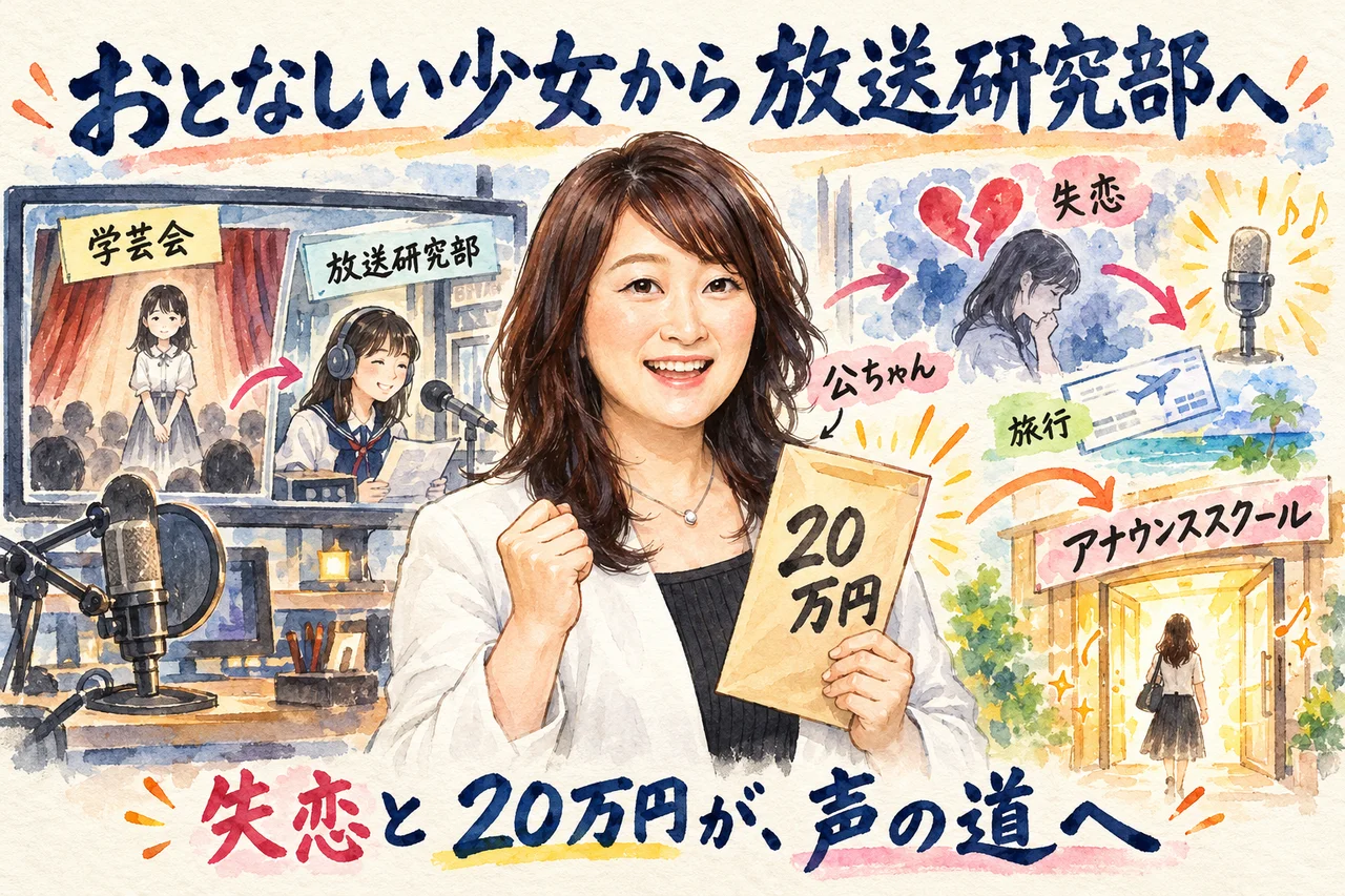 失恋と20万円でアナウンススクールに入った理由｜公ちゃんが放送研究部から就活の転機までを語る場面