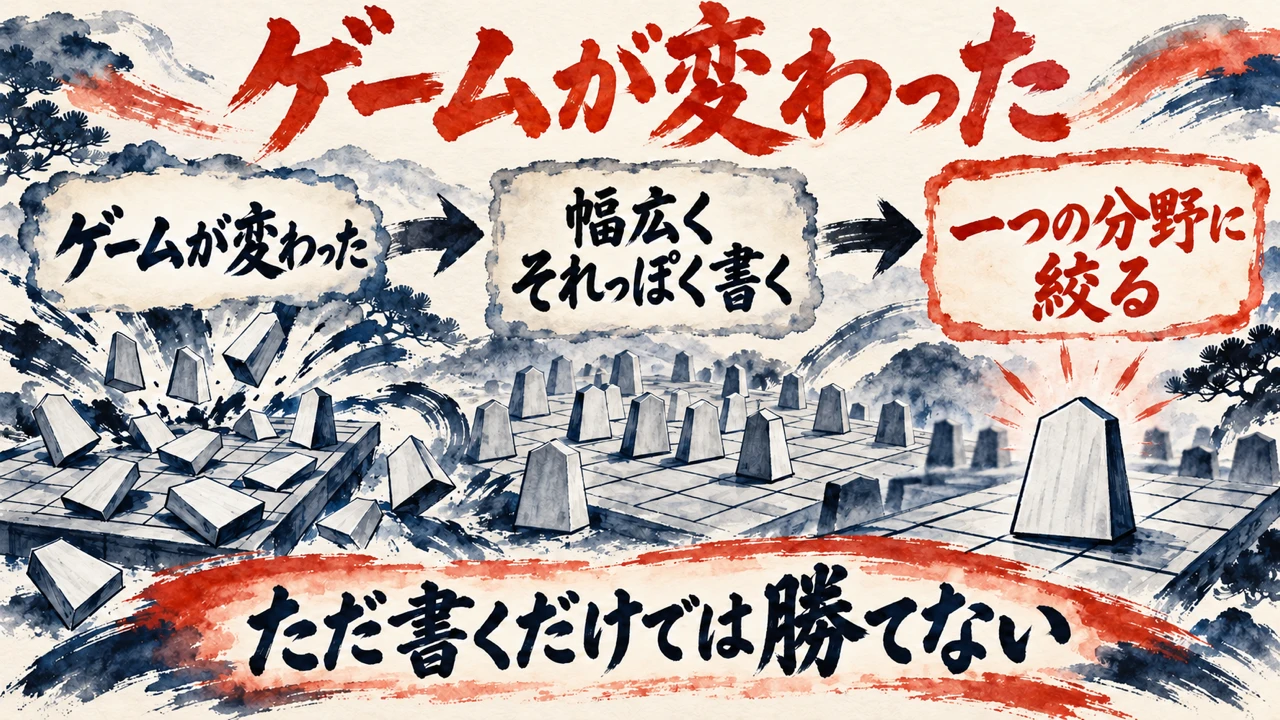 「ゲームが変わった」の図解。「ゲームが変わった」「幅広くそれっぽく書く」「一つの分野に絞る」の三つの札と将棋の駒の水彩画。下の帯に「ただ書くだけでは勝てない」