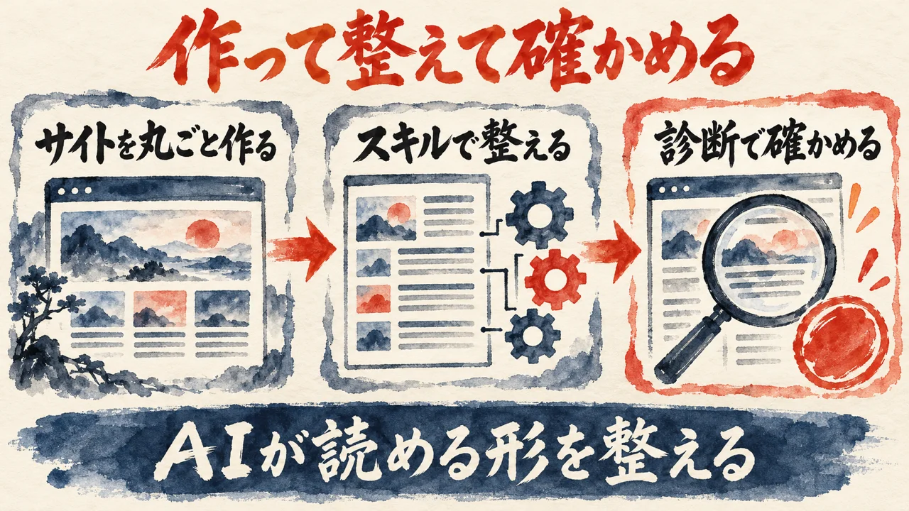 AIエージェント対応の図解。サイトを丸ごと作る、スキルで整える、診断で確かめる、の3枚の札が矢印でつながり、下の帯にAIが読める形を整えると書かれている。