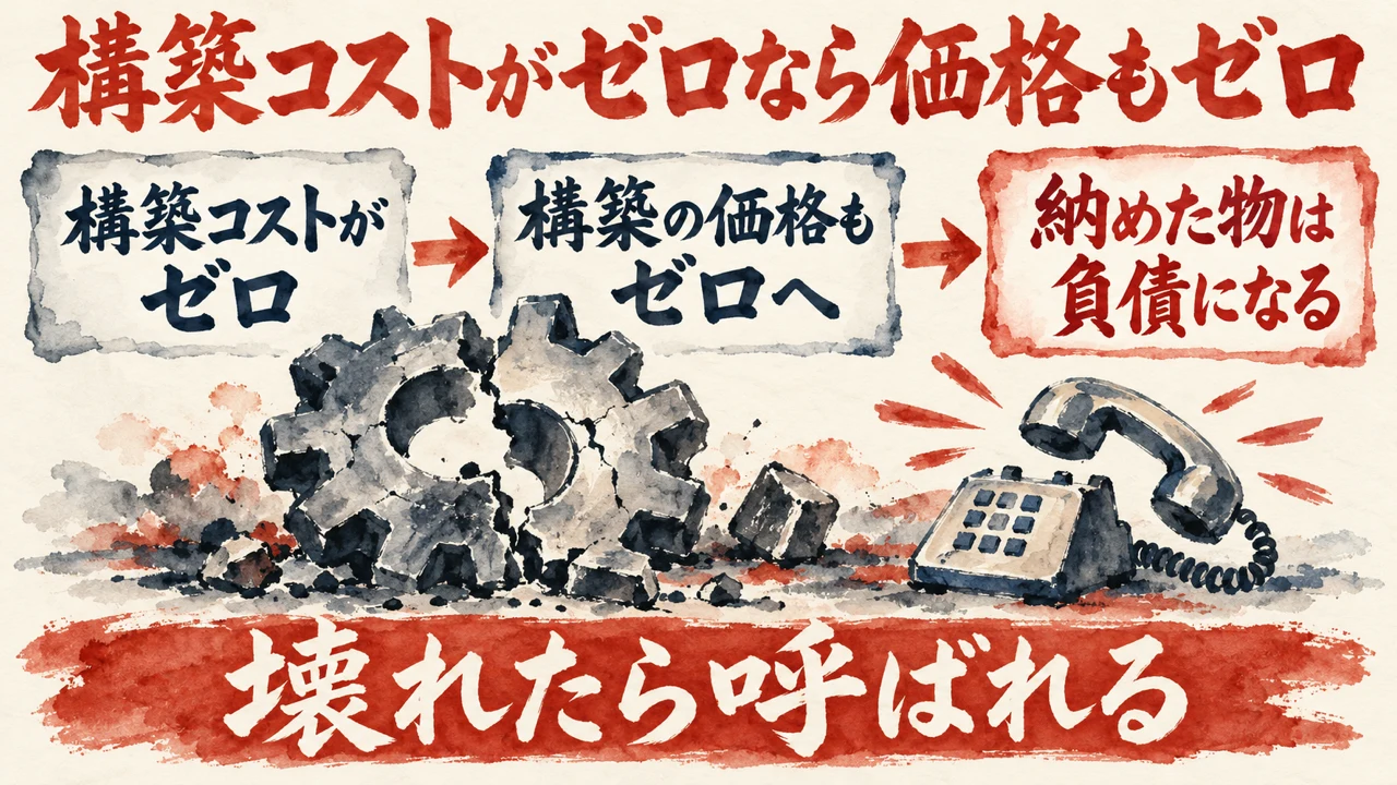 図解。構築コストがゼロ、構築の価格もゼロへ、納めた物は負債になる、の三つの札と、壊れた電話が鳴る絵で、壊れたら呼ばれると示す