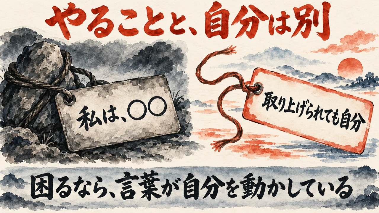 図解: 左は私は、〇〇の札を石に結んだ絵、右は取り上げられても自分の札。困るなら、言葉が自分を動かしている