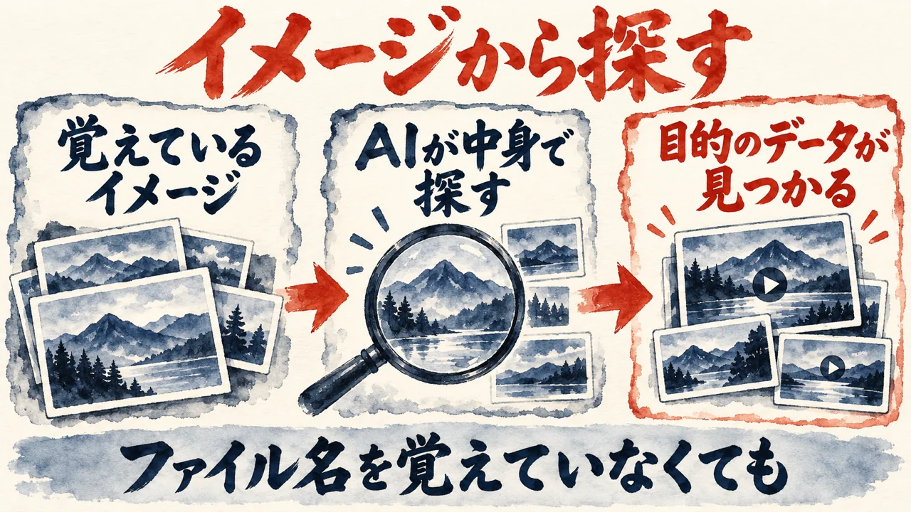 データを探す手間の図解。覚えているイメージ、AIが中身で探す、目的のデータが見つかる、の3枚の札が矢印でつながり、下の帯にファイル名を覚えていなくてもと書かれている。