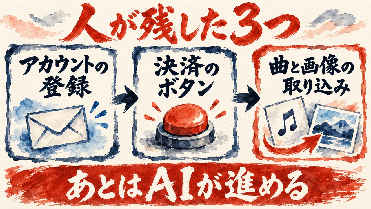 配信の登録をAIに任せる図解。アカウントの登録、決済のボタン、曲と画像の取り込み、の3枚の札が矢印でつながり、タイトルは人が残した3つで、下の帯にあとはAIが進めると書かれている。