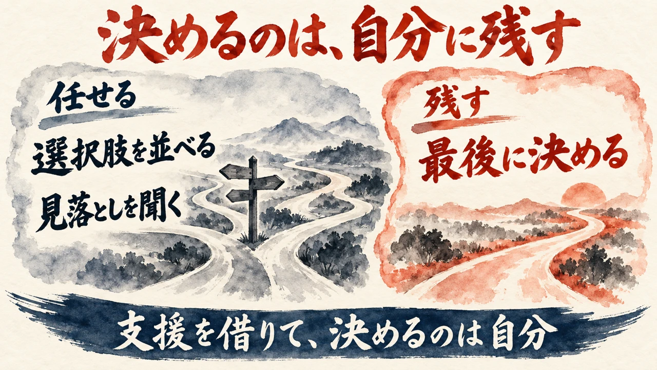 図解: 左は任せる、選択肢を並べる、見落としを聞く、の分かれ道の道標。右は残す、最後に決める、の一本道。下の帯は、支援を借りて決めるのは自分