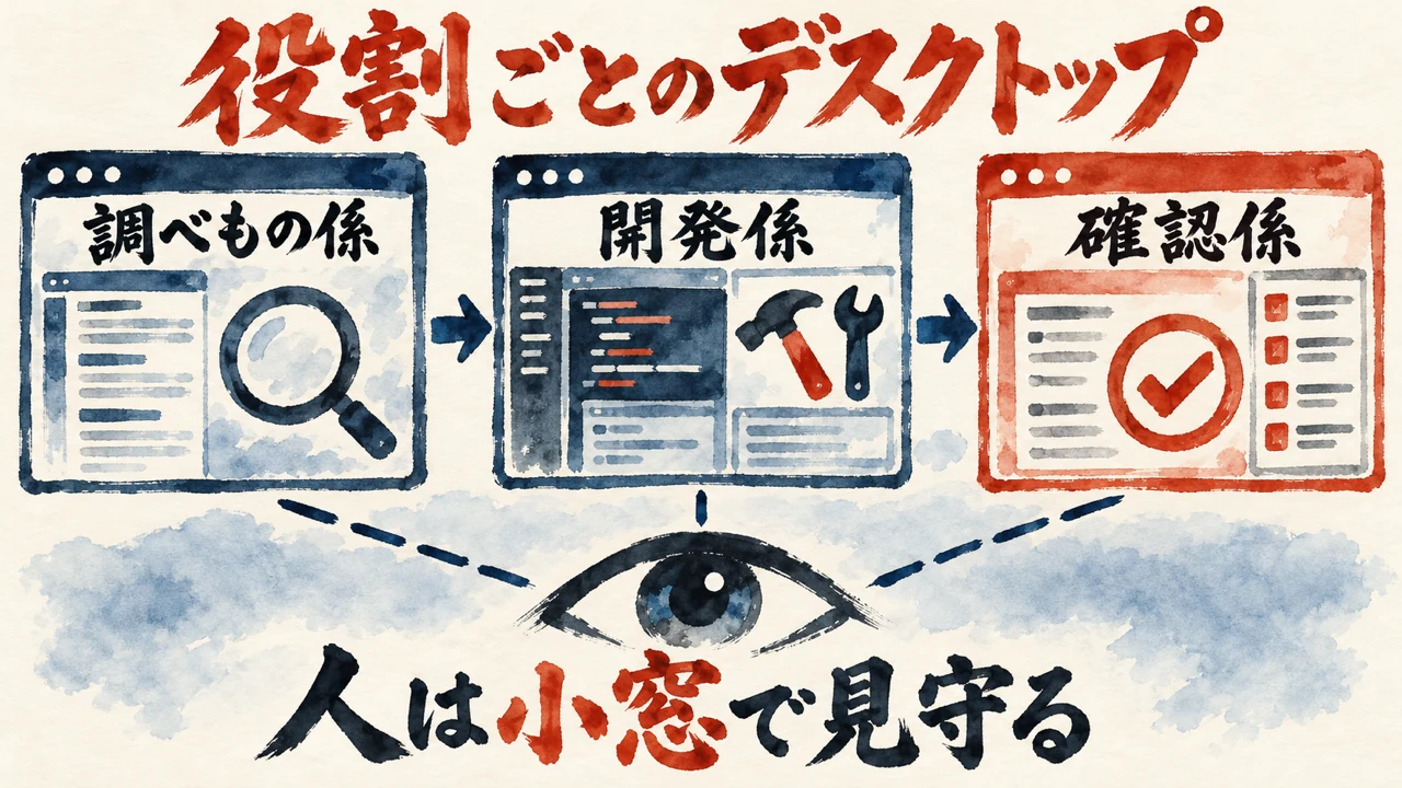 「役割ごとのデスクトップ」の図解。「調べもの係」「開発係」「確認係」の三つの窓が矢印で並び、下に見守る目。下の帯に「人は小窓で見守る」