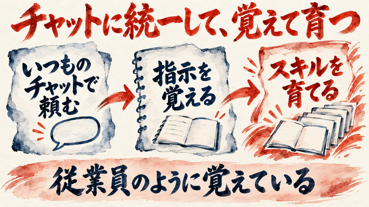 図解。いつものチャットで頼む、指示を覚える、スキルを育てる、の三つが矢印でつながり、下の帯に従業員のように覚えていると書かれている。