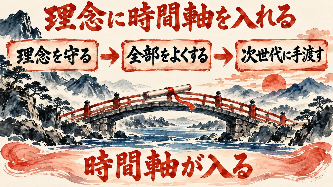 理念に時間軸を入れるという図解。理念を守る、全部をよくする、次世代に手渡すの3つの札が矢印でつながる。下に時間軸が入るの帯
