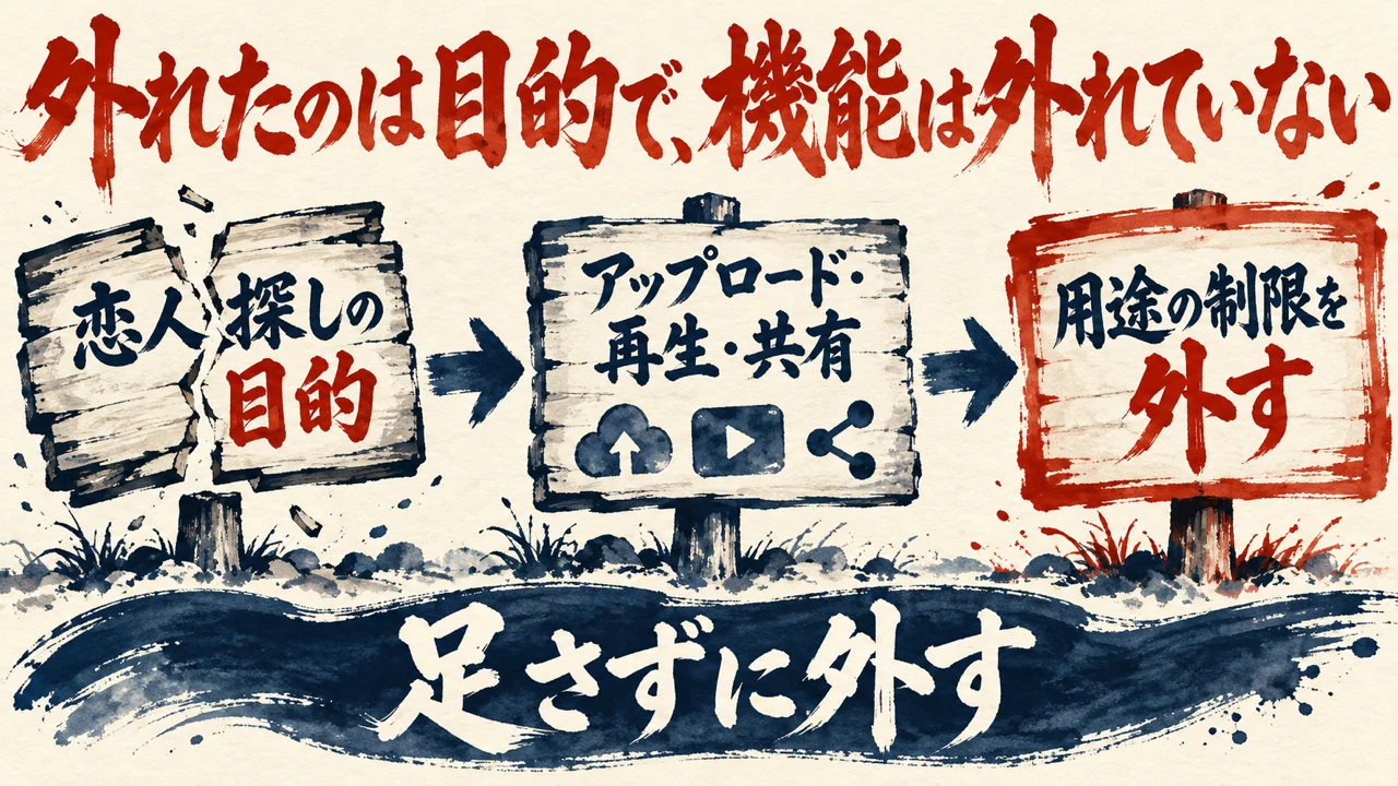和紙に描いた水彩の図解。恋人探しの目的、アップロード・再生・共有の機能、用途の制限を外す、の3つが矢印でつながり、下の帯に足さずに外す、と書かれている。