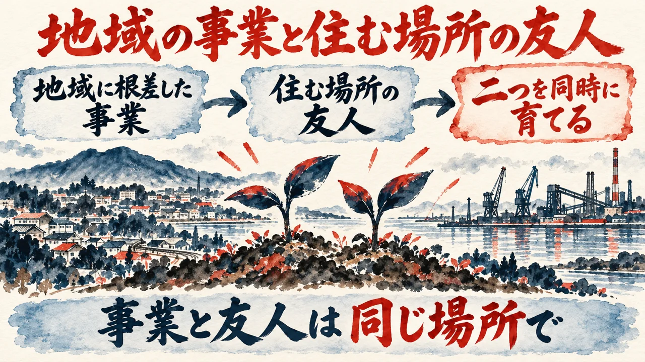地域の事業と住む場所の友人をテーマにした図解。地域に根差した事業、住む場所の友人、二つを同時に育てる、の3つの枠と、同じ畑に並んで育つ二本の苗の水彩の絵