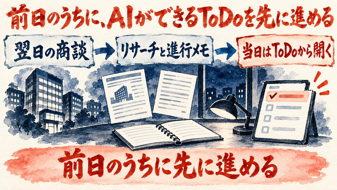 和紙に描いた水彩の図解。翌日の商談、会社のリサーチと進行メモ、当日はToDoから開く、の3つが矢印でつながり、下の帯に前日のうちに先に進める、と書かれている。