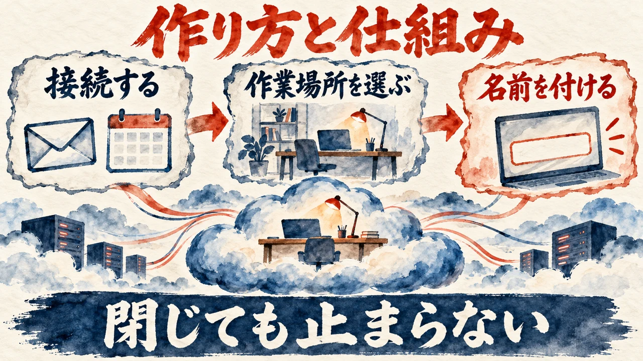 「作り方と仕組み」の図解。「接続する」「作業場所を選ぶ」「名前を付ける」の三つの札と、雲の上の小さな机の水彩画。下の帯に「閉じても止まらない」