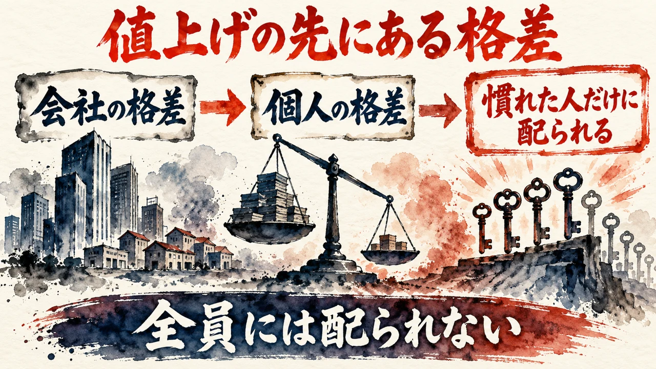 「AI格差」の図解。「会社の格差」「個人の格差」「慣れた人だけに配られる」の三つの札と天秤の水彩画。下の帯に「全員には配られない」
