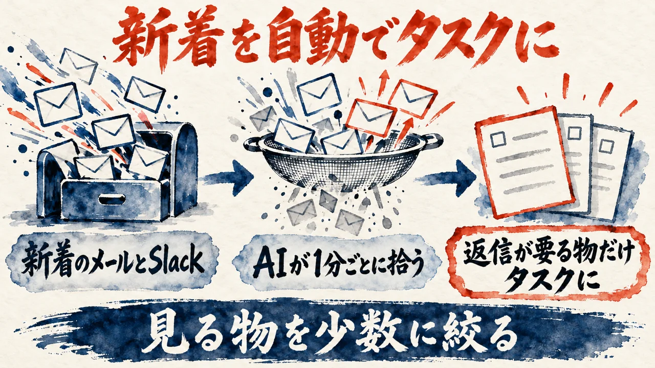 新着を自動でタスクにする図解。新着のメールとSlack、AIが1分ごとに拾う、返信が要る物だけタスクに、の3枚の札が矢印でつながり、下の帯に見る物を少数に絞ると書かれている。