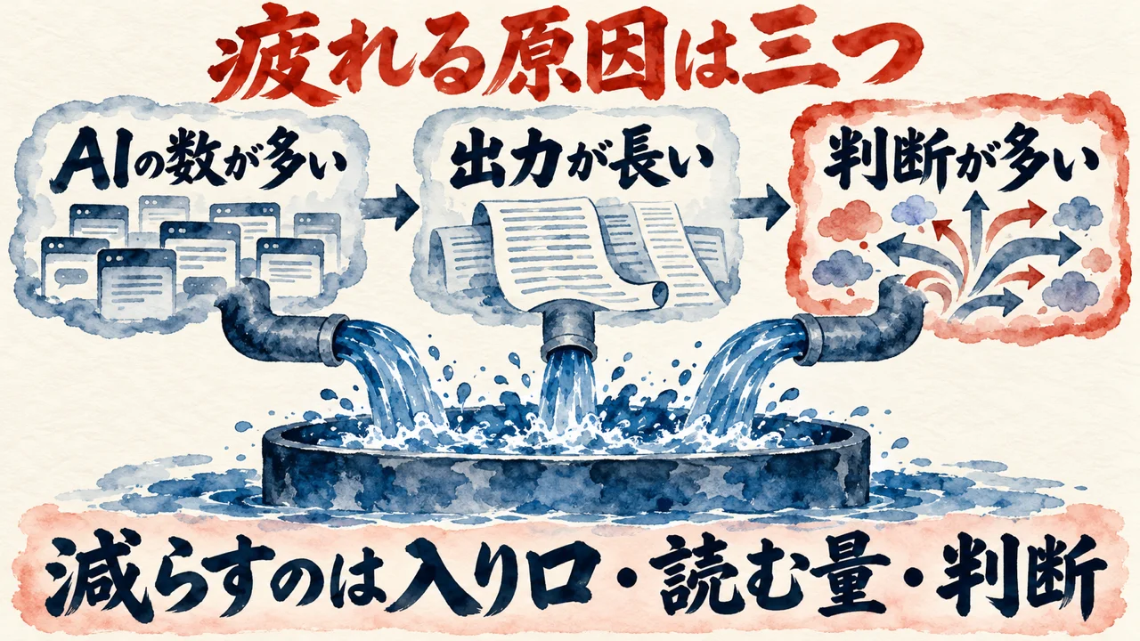 水彩の図解。見出し「疲れる原因は三つ」。AIの数が多い、出力が長い、判断が多い、の三つの札から水が受け皿に流れ込み、下の帯に「減らすのは入り口・読む量・判断」
