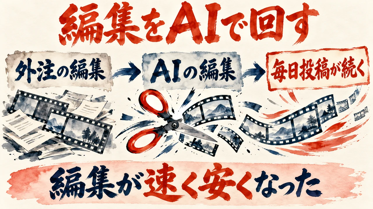 「編集をAIで回す」の図解。「外注の編集」「AIの編集」「毎日投稿が続く」の三つの札が矢印で並び、下の帯に「編集が速く安くなった」