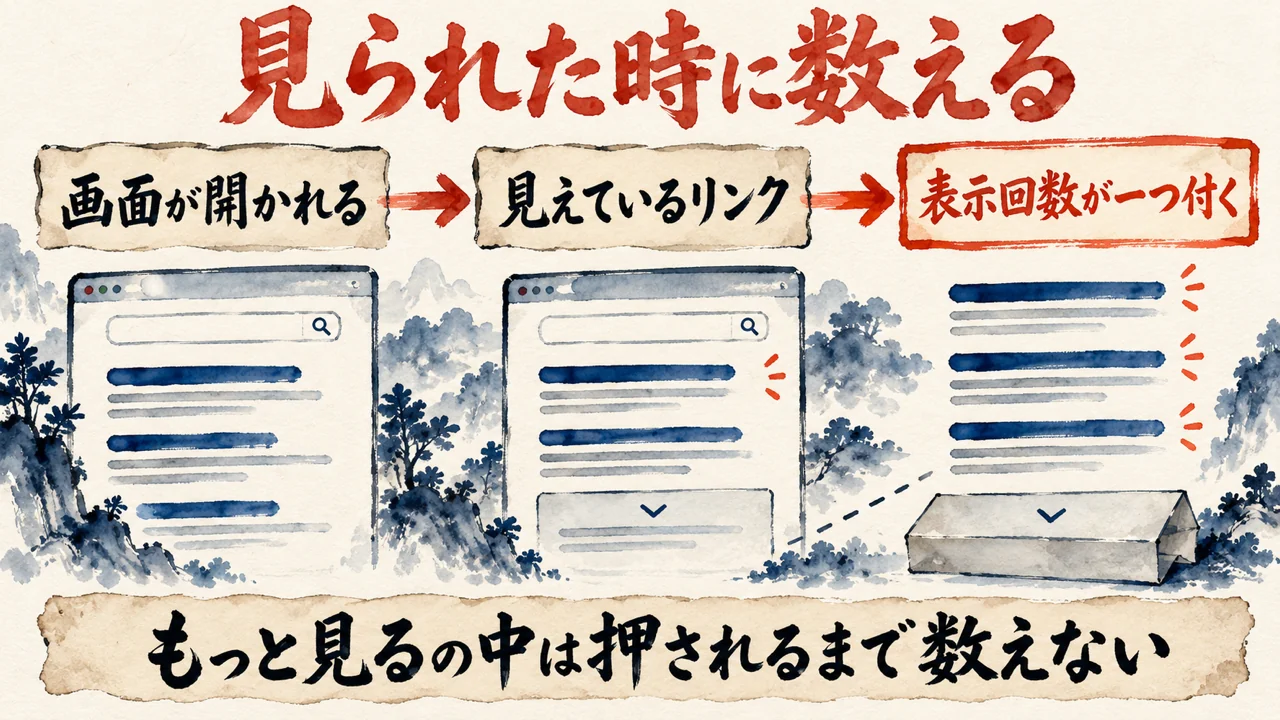 図解。画面が開かれると見えているリンクに表示回数が一つ付き、もっと見るの中は押されるまで数えられない、と示している