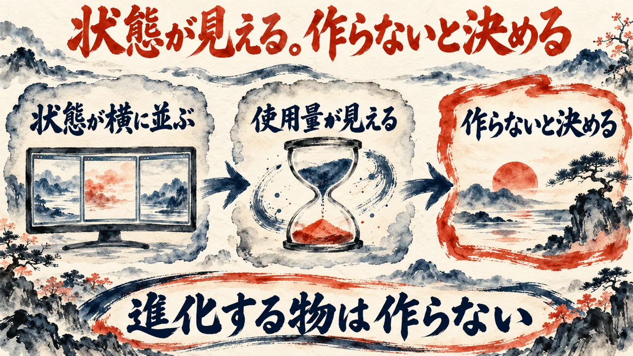 図解。状態が横に並ぶ、使用量が見える、作らないと決める、の三つの札が矢印で並ぶ水彩画。見出しはアップデートで状態が見えるようになり、真似されそうな物は作らないと決める