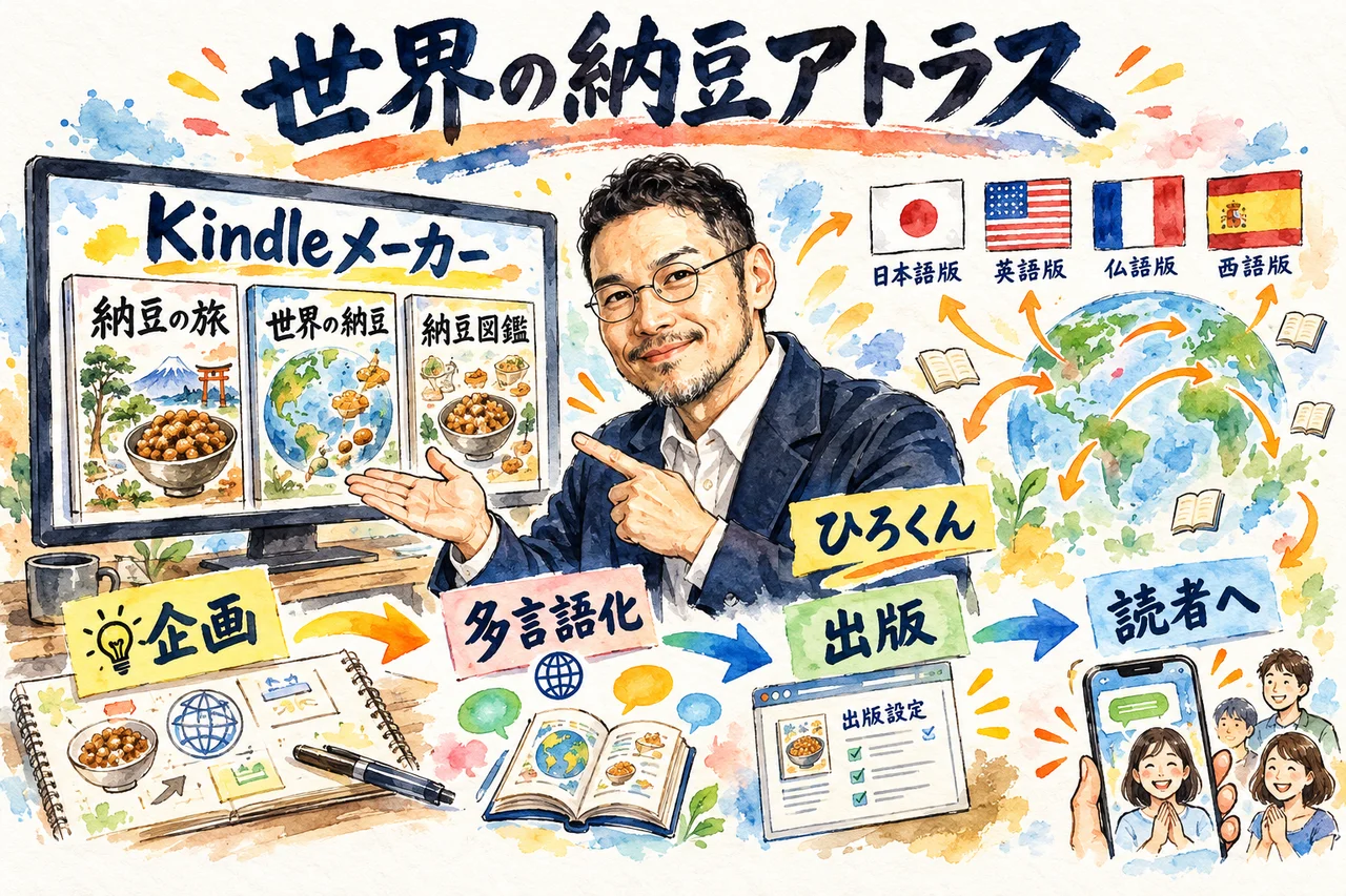 Kindleメーカーで『世界の納豆アトラス』を作ってKindle出版した｜ひろくんが本の一覧を指さして、企画から多言語化、KDPまでを説明する場面