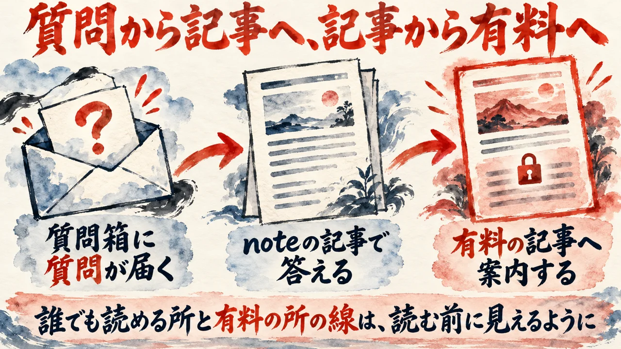 図解。質問箱に届いた質問を、noteの記事で答え、誰でも読める記事から有料の記事へ案内する流れを示している