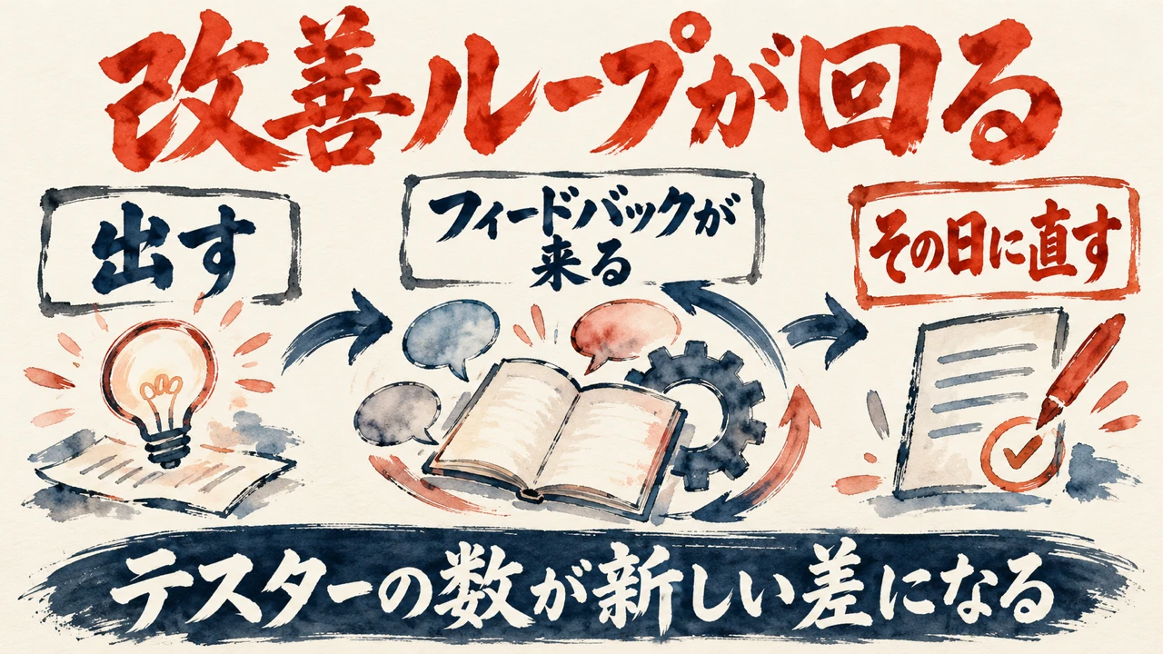 図解。出す、フィードバックが来る、その日に直す、の三つの札が矢印でつながり、下にテスターの数が新しい差になるの帯