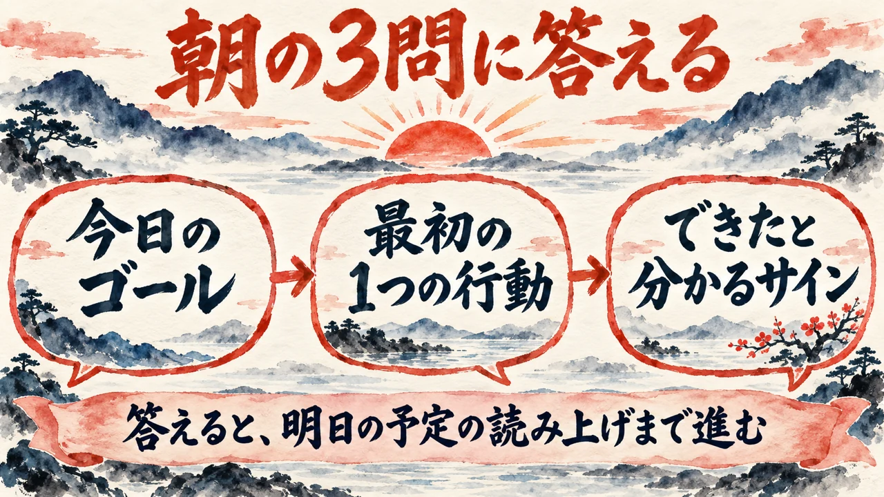 図解。電話で朝の3つの問いに答え、今日のゴール、最初の行動、できたと分かるサインを決める流れを示している