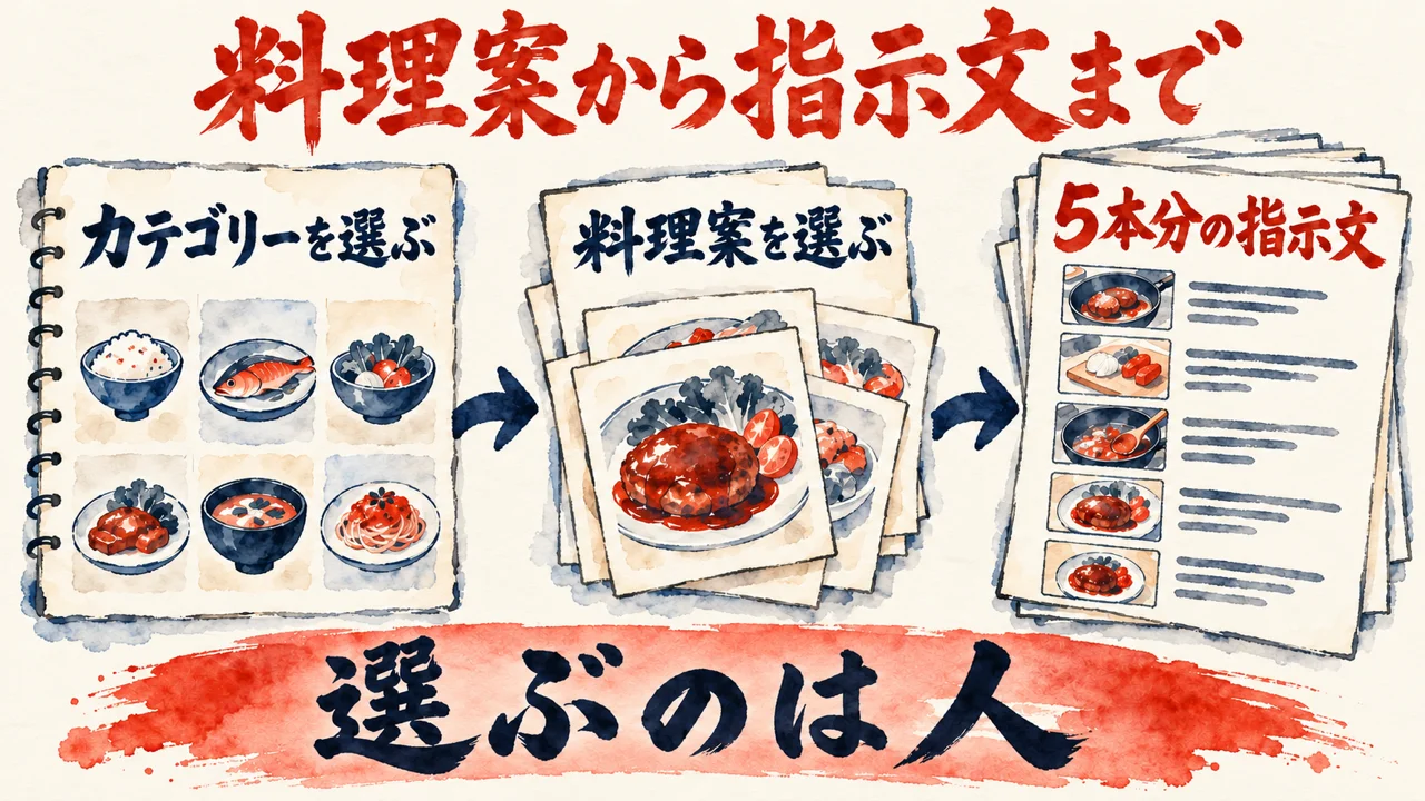 ChatGPTで案と指示文を作る図解。「カテゴリーを選ぶ」「料理案を選ぶ」「5本分の指示文」の三つの札が並び、下の帯に「選ぶのは人」