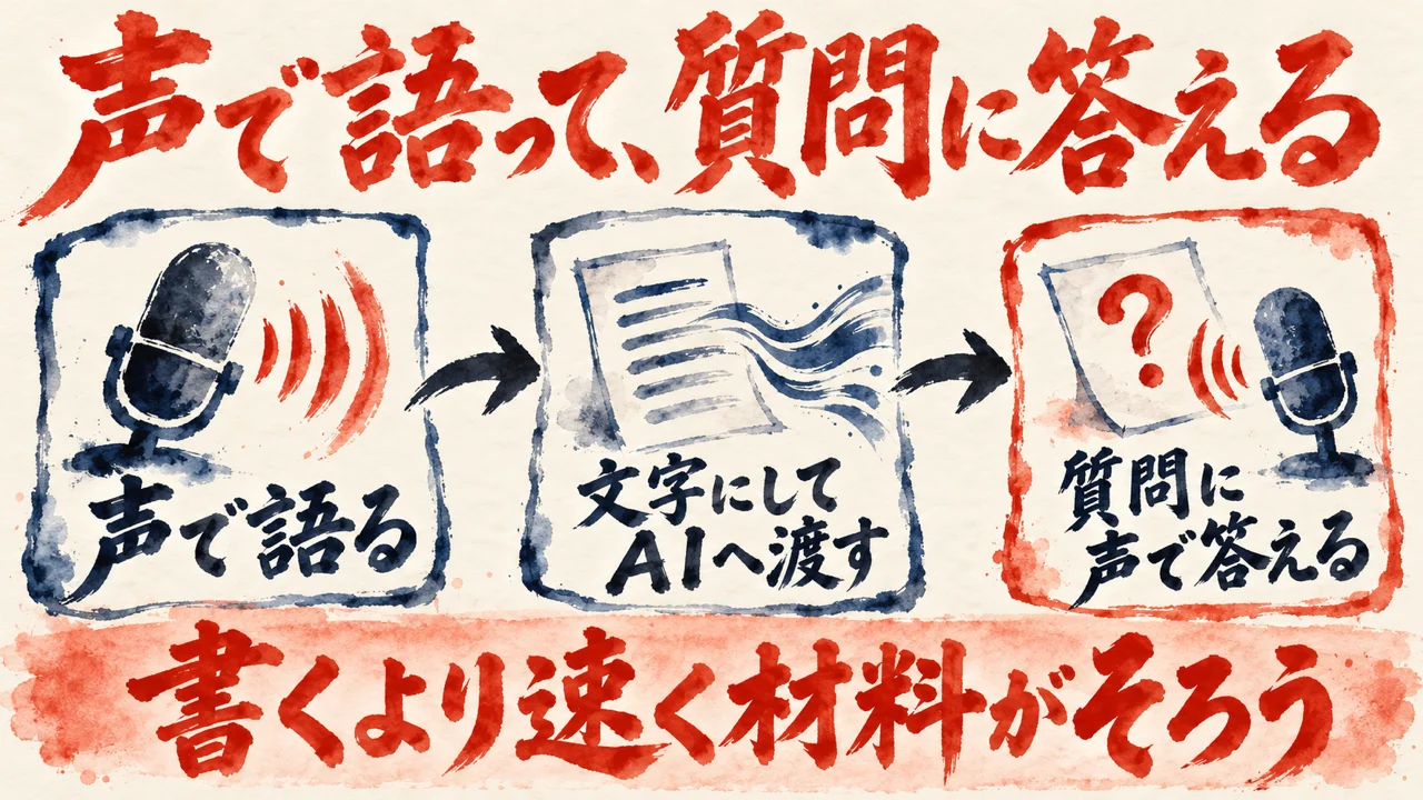 図解。声で語る、文字にしてAIへ渡す、質問に声で答える、の3つ。下の帯に、書くより速く材料がそろう、とある