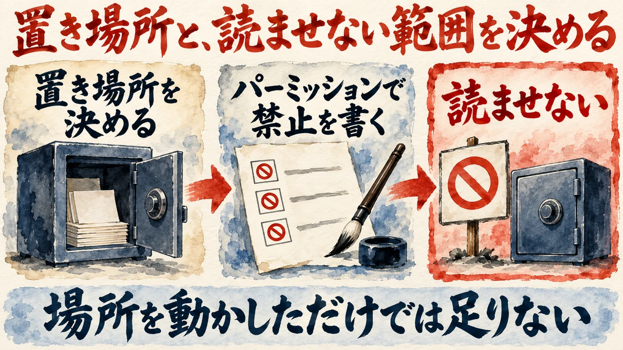 図解。置き場所を決め、パーミッションで読ませない範囲を書く流れを示している