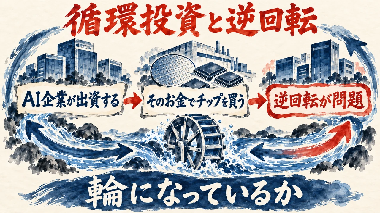 図解。AI企業が出資する、そのお金でチップを買う、逆回転が問題、の三つの札が矢印でつながり、下に輪になっているかの帯