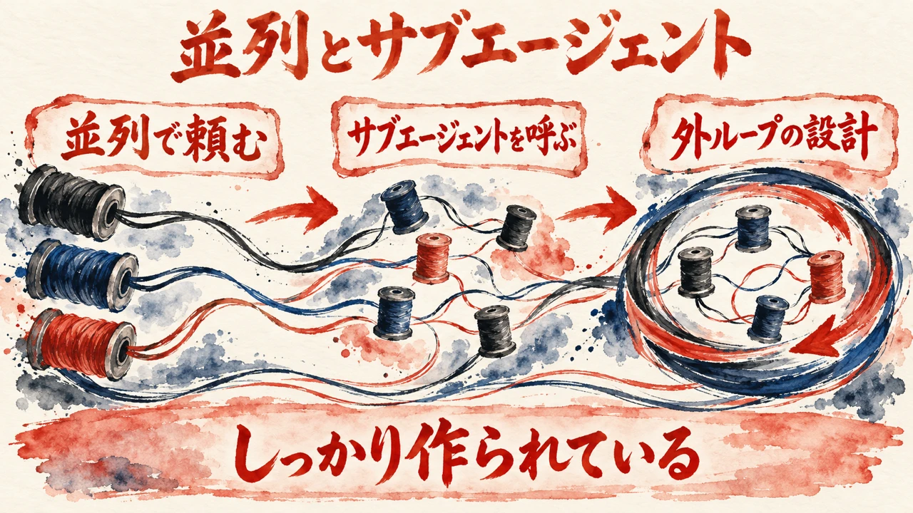 「並列タスクとサブエージェント」の図解。「並列で頼む」「サブエージェントを呼ぶ」「外ループの設計」の三つの札と、並んだ糸巻きの水彩画。下の帯に「しっかり作られている」