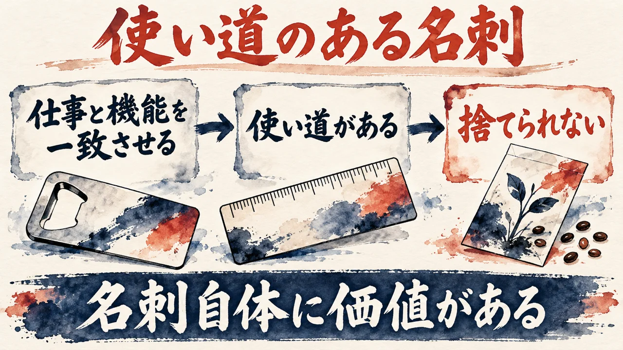 「使い道のある名刺」の図解。「仕事と機能を一致させる」「使い道がある」「捨てられない」の三つの札と、栓抜き・定規・種の水彩画。下の帯に「名刺自体に価値がある」