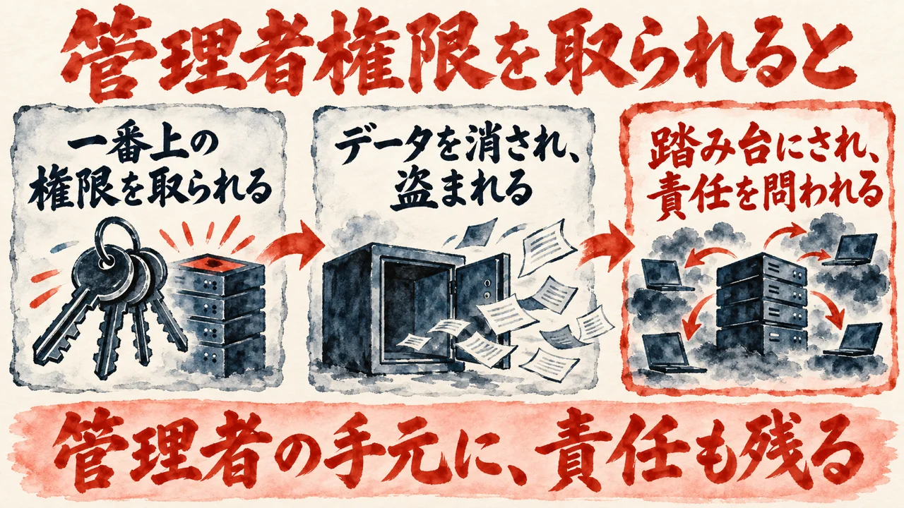 図解。管理者権限を取られると、データを消され、盗まれ、踏み台にされて責任を問われ得る流れを示している