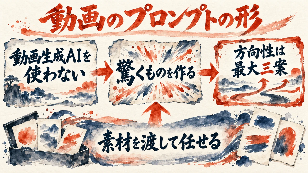 図解: 動画のプロンプトの形。動画生成AIを使わない、驚くものを作る、方向性は最大三案、素材を渡して任せる