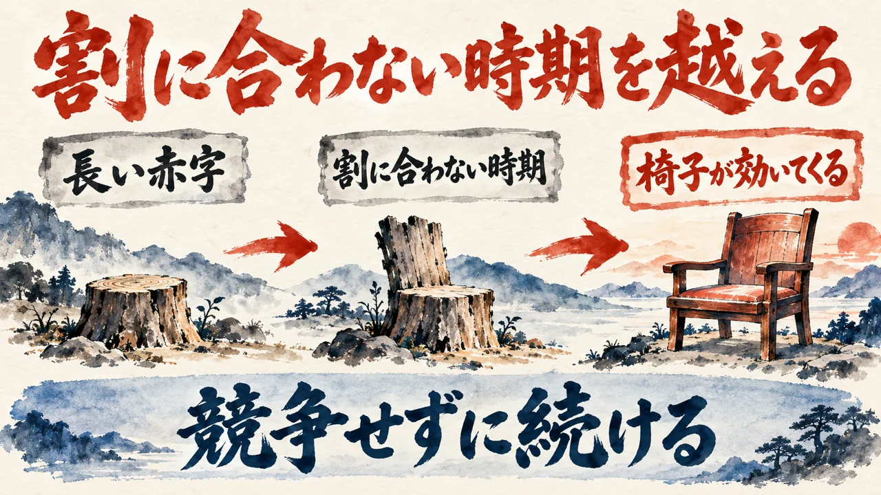 「割に合わない時期」の図解。「長い赤字」「割に合わない時期」「椅子が効いてくる」の三つの札が矢印で並び、下の帯に「競争せずに続ける」