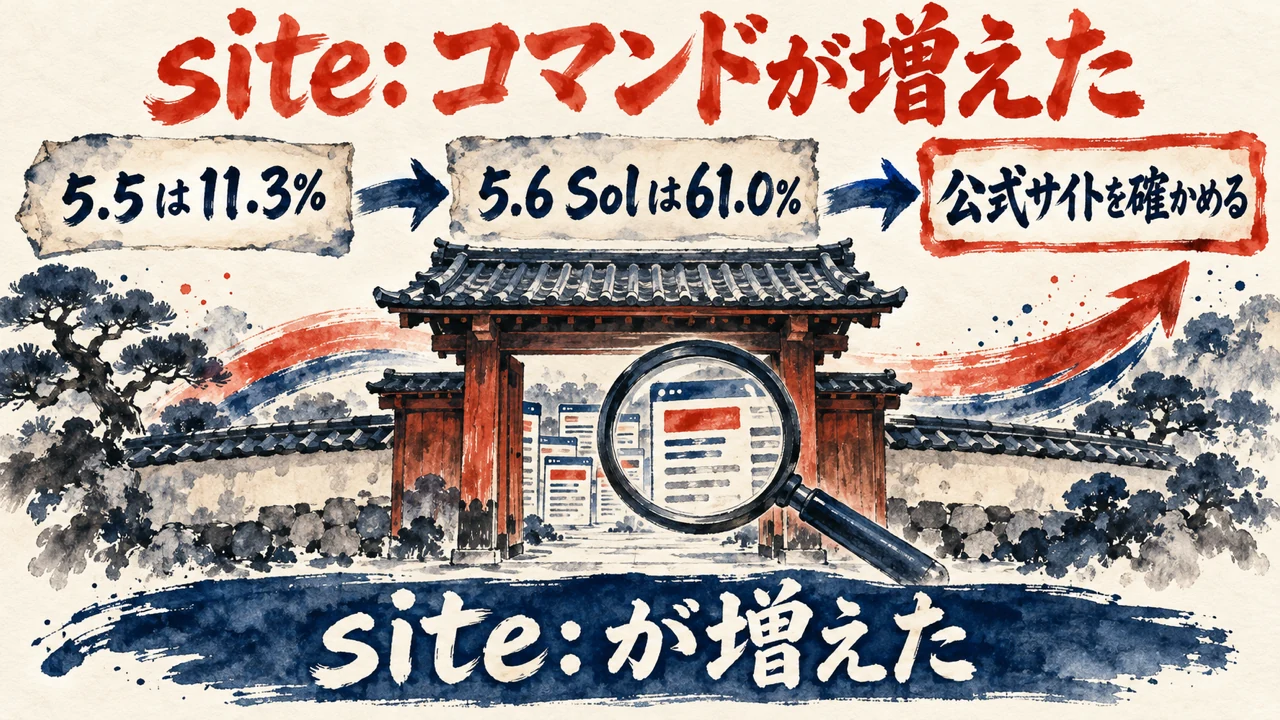 「site: コマンド」の図解。「5.5は11.3%」「5.6 Solは61.0%」「公式サイトを確かめる」の三つの札が矢印で並び、下の帯に「site: が増えた」