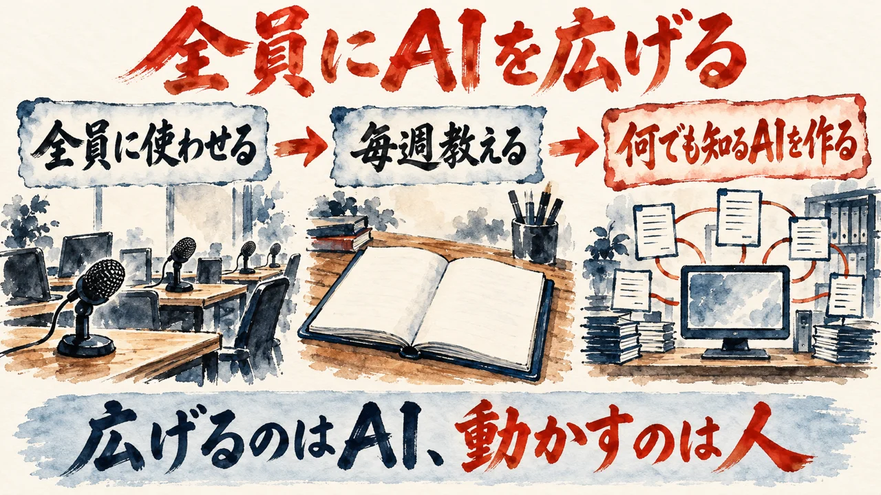 「全員に広げる」の図解。「全員に使わせる」「毎週教える」「何でも知るAIを作る」の三つの札と、並んだ小さなマイクの水彩画。下の帯に「広げるのはAI、動かすのは人」