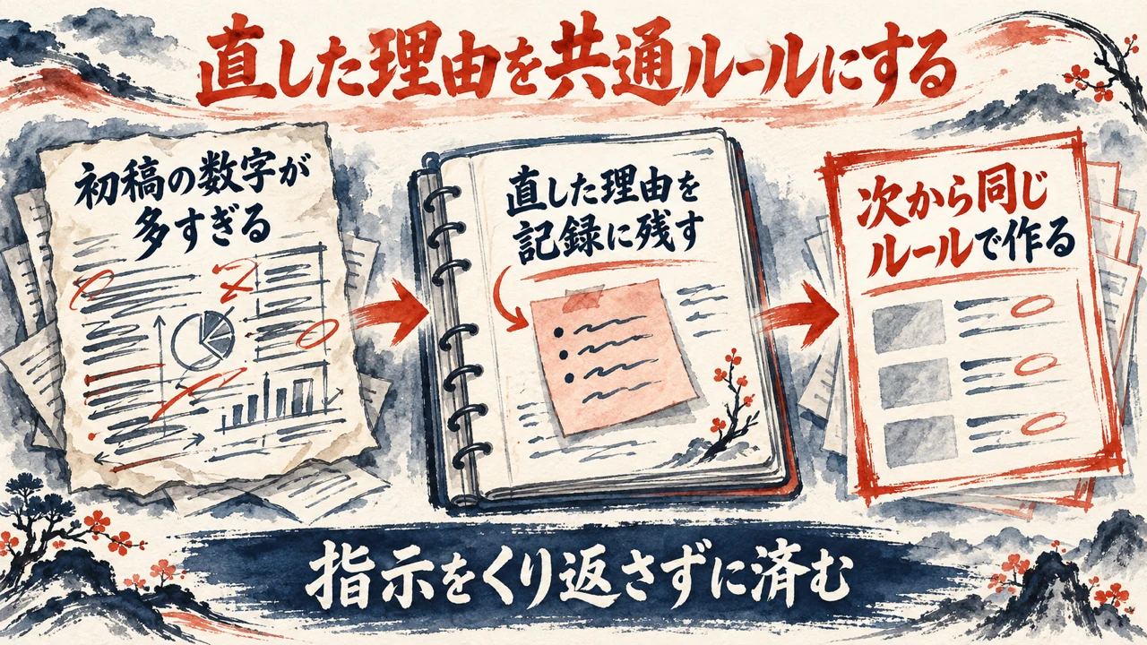 図解。初稿の数字が多すぎると気づき、直した理由を記録に残し、全動画共通のルールにする流れを示している