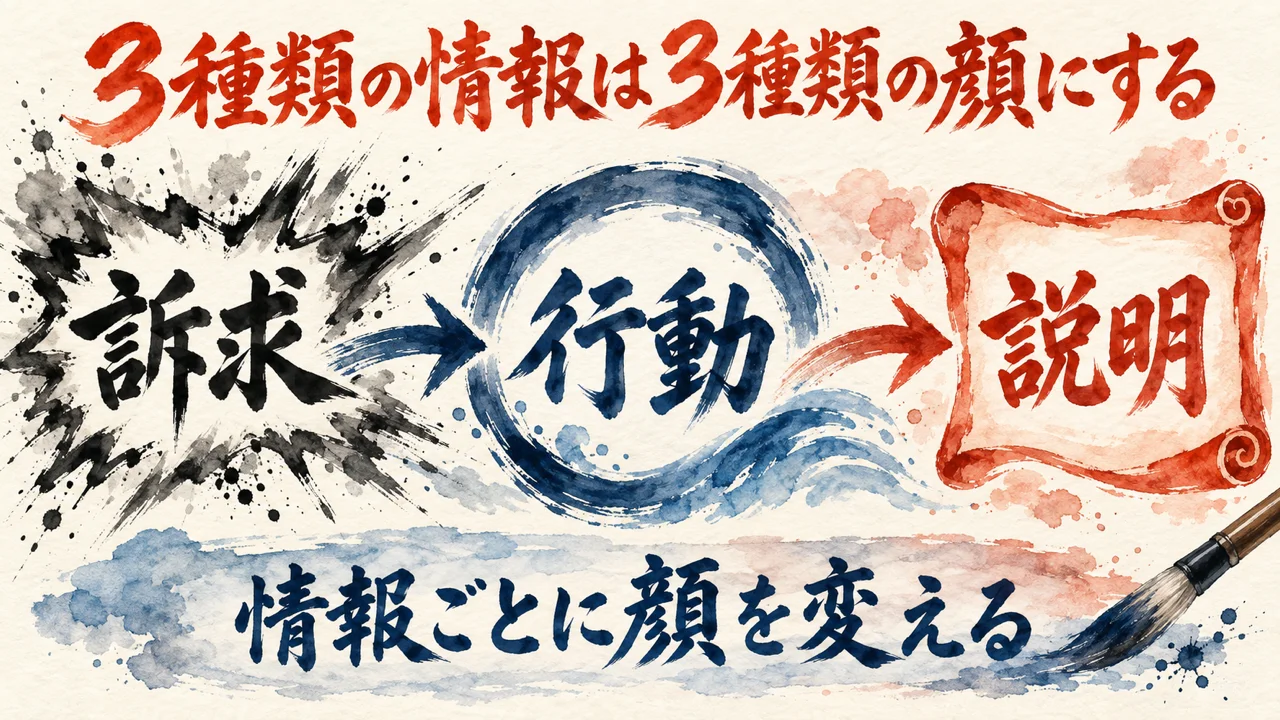 図解。訴求、行動、説明の三つが、墨の爆発、青い円、朱色の巻物という違う顔で描かれ、下の帯に情報ごとに顔を変えるの文字。見出しは3種類の情報は3種類の顔にする