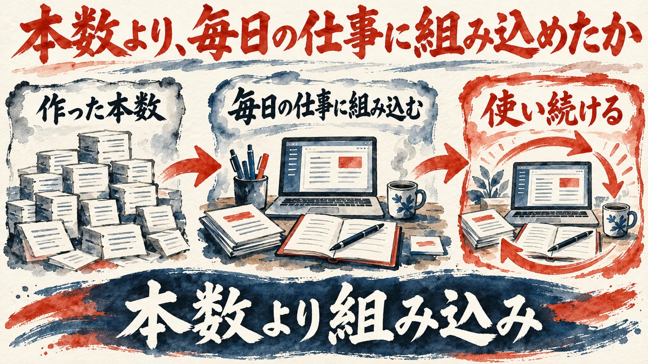 図解。作った本数、毎日の仕事に組み込む、使い続ける、の三つの札が矢印で並び、下の帯に本数より組み込みの文字。見出しは本数より、毎日の仕事に組み込めたか