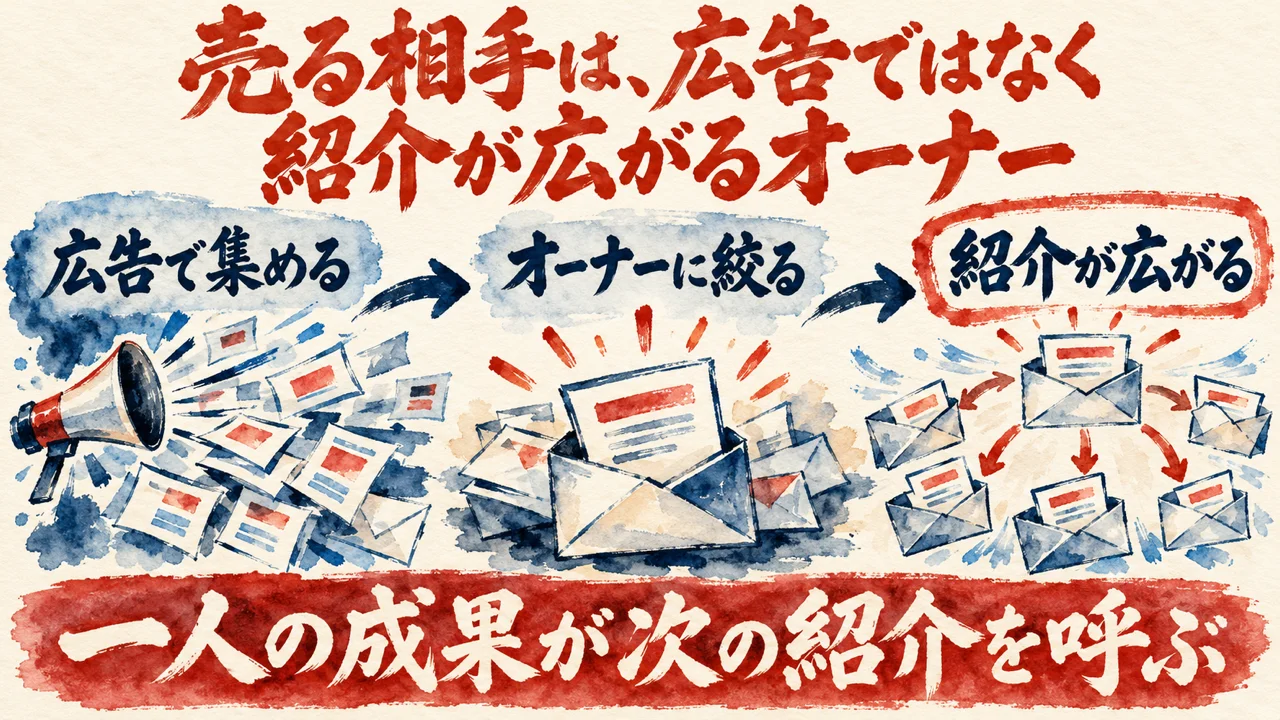 図解。広告で集める、オーナーに絞る、紹介が広がる、の三つの札が矢印で並び、下の帯に一人の成果が次の紹介を呼ぶの文字