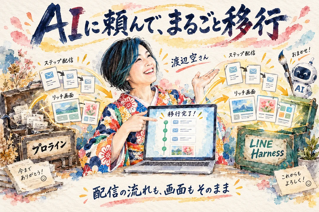 プロラインで組んだ公式LINEが、AIの手でLINE Harnessへそのまま移る様子を描いたグラレコ