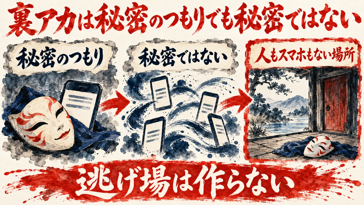 図解。秘密のつもり、秘密ではない、人もスマホもない場所、の三つの札に、仮面とスマホと赤い扉の水彩画が描かれ、下の帯に逃げ場は作らないの文字。見出しは裏アカは秘密のつもりでも秘密ではない
