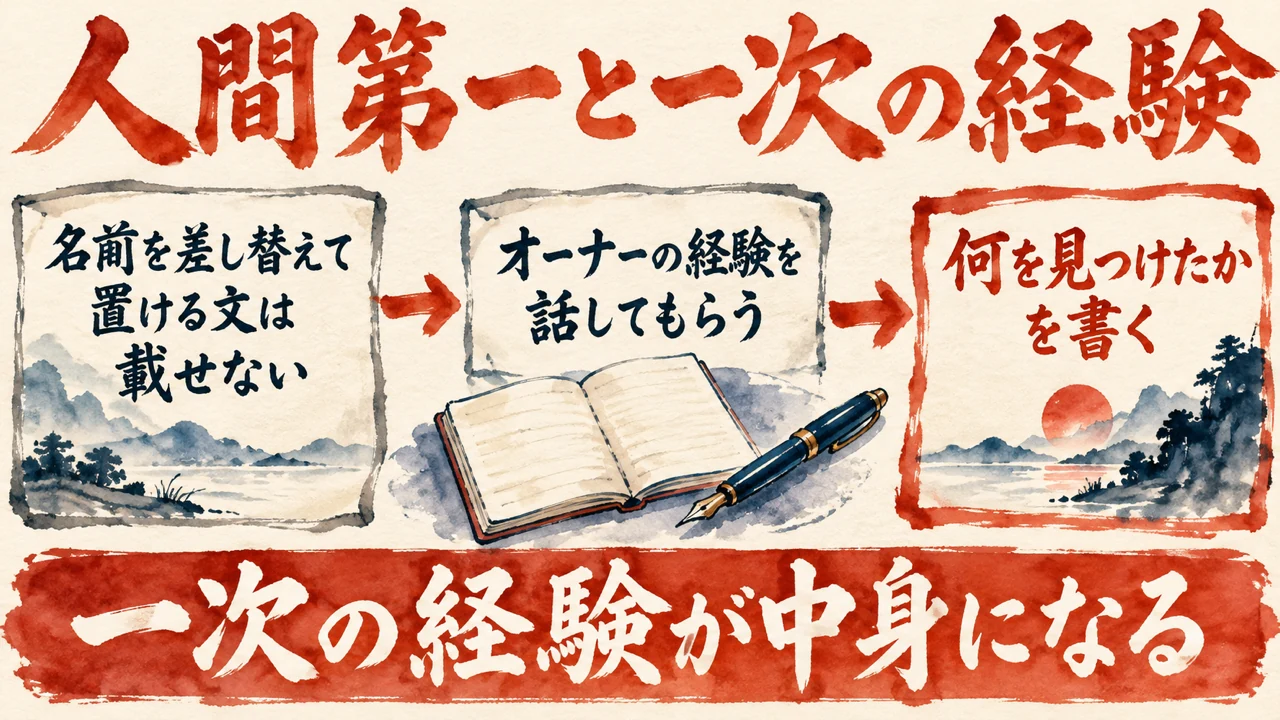 図解。名前を差し替えて他社に置ける文は載せない、オーナーの経験を話してもらう、書くのは何を見つけたか、の三つの札で、一次の経験が中身になると示す