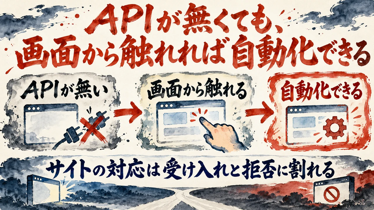 図解。APIが無い、画面から触れる、自動化できる、の三つの札が矢印で並び、下の帯にサイトの対応は受け入れと拒否に割れるの文字