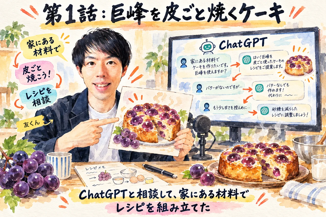 第1話｜友くんが、ChatGPTに相談して巨峰を皮ごと焼くケーキのレシピを組み立てた話を紹介する場面