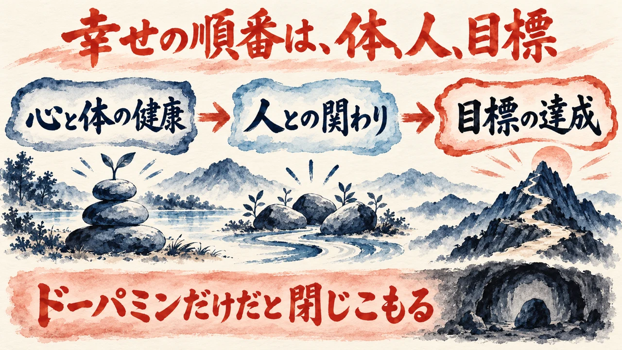 図解。心と体の健康、人との関わり、目標の達成、の三つの札が順に並び、下の帯にドーパミンだけだと閉じこもるの文字。見出しは幸せの順番は、体、人、目標
