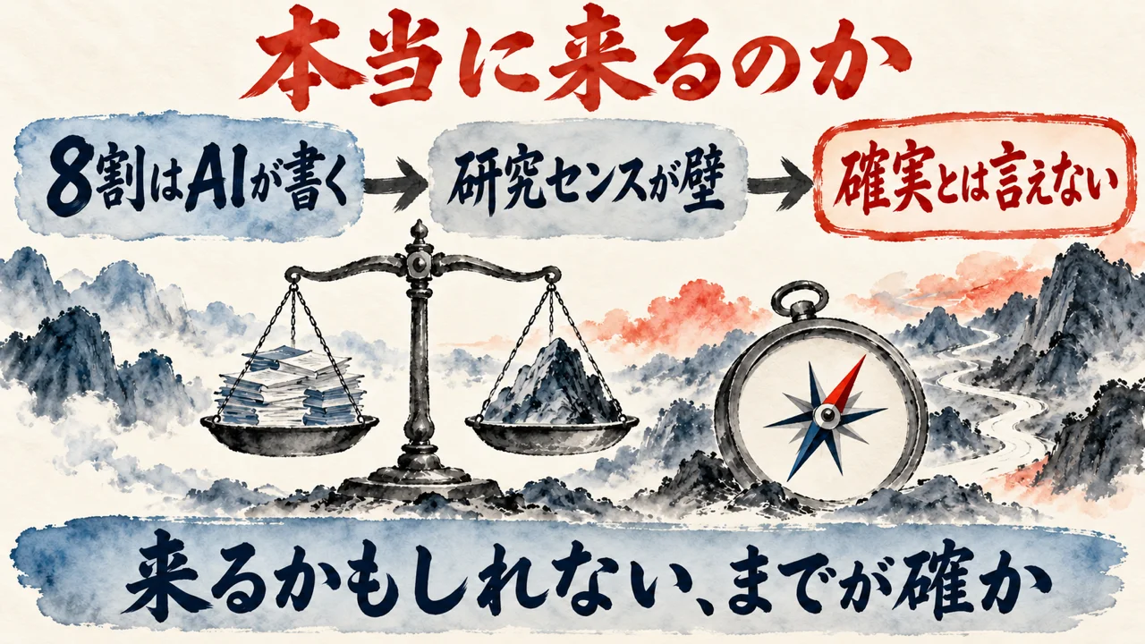 「本当に来るのか」の図解。「8割はAIが書く」「研究センスが壁」「確実とは言えない」の三つの札と、天秤の水彩画。下の帯に「来るかもしれない、までが確か」