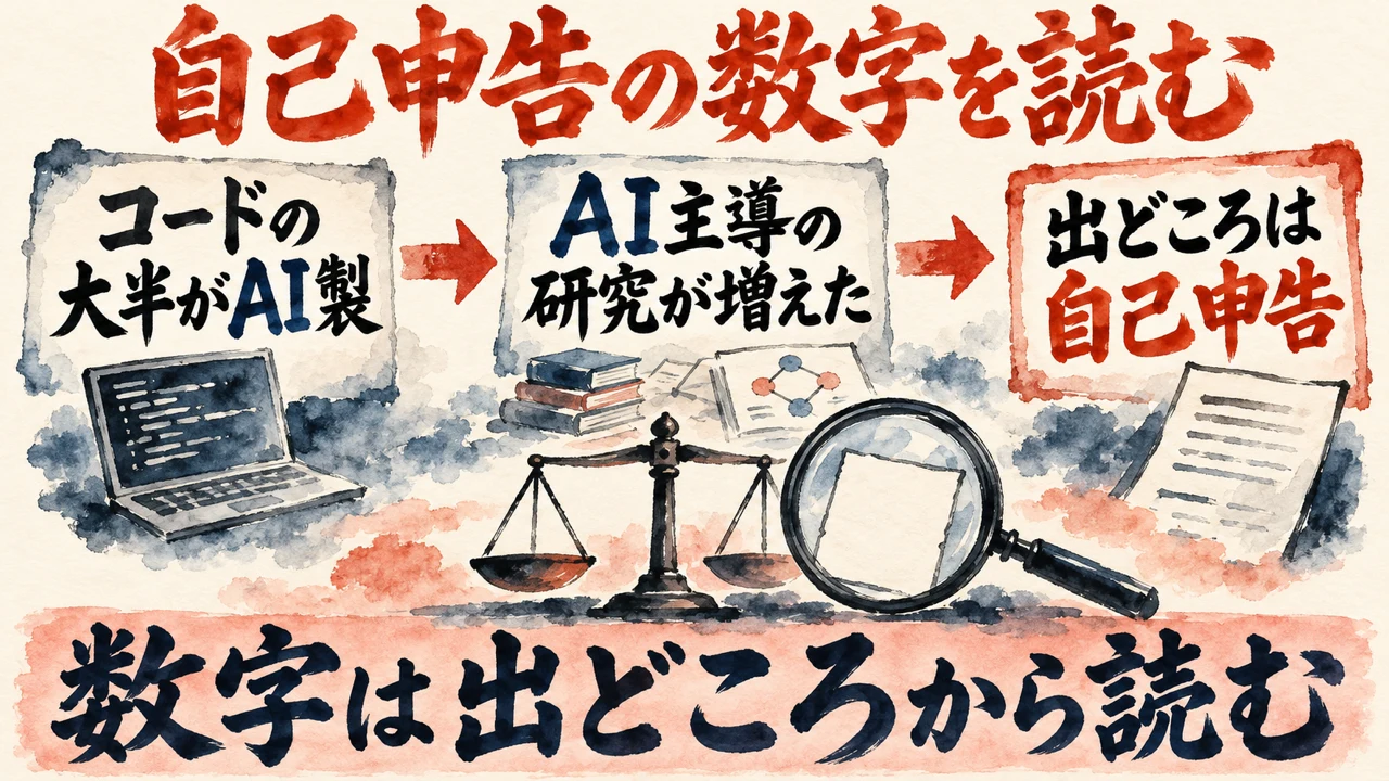 図解。コードの大半がAI製、AI主導の研究が増えた、出どころは自己申告、の三つの札が並び、下の帯に数字は出どころから読むの文字
