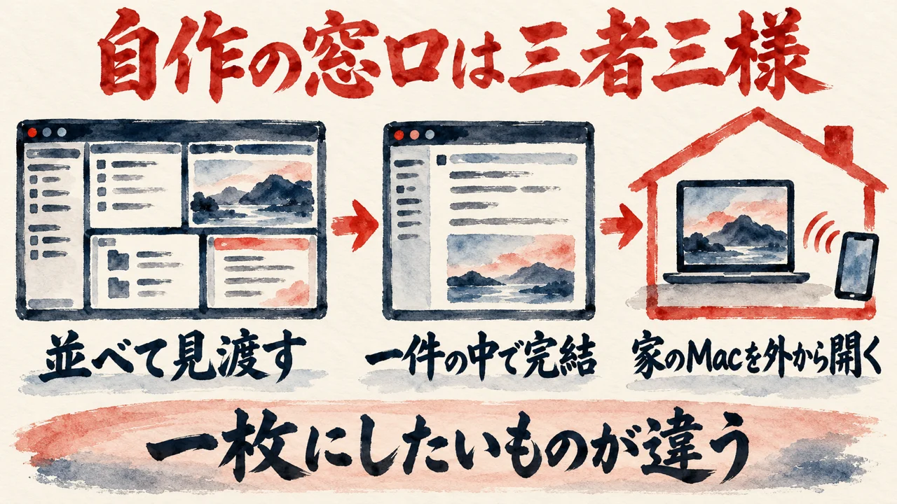 「自作の窓口は三者三様」の図解。「並べて見渡す」「一件の中で完結」「家のMacを外から開く」の三つの札と、形の違う三つの窓の水彩画。下の帯に「一枚にしたいものが違う」