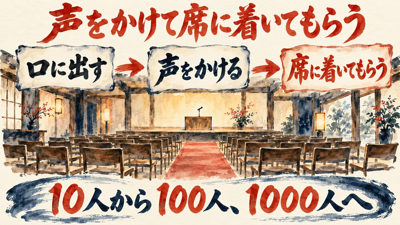 「声をかけて席に着いてもらう」の図解。「口に出す」「声をかける」「席に着いてもらう」の三つの札が矢印で並び、椅子の並ぶ小さな会場の水彩画。下の帯に「10人から100人、1000人へ」